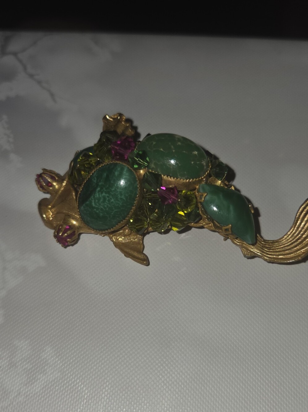 Rare Vintage Hattie Carnegie Koi Fish Brooch Lg Green Stones Purple Rhinestones